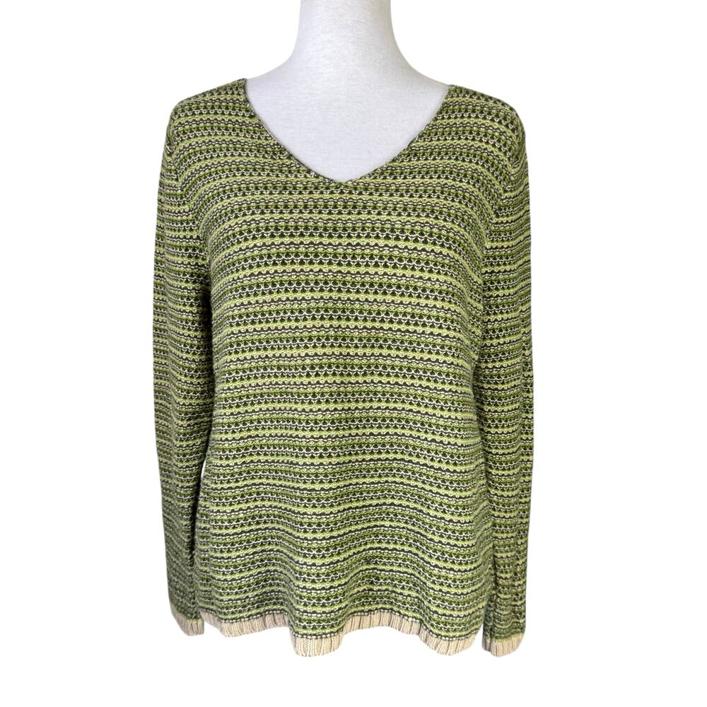 Christopher & Banks Retro Green & Tan Chunky Knit Cotton V-neck Pullover Sweater